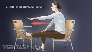 Woman sitting in a chair doing a hamstring stretch while her foot is on another chair.