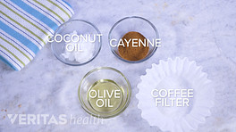 ingredients for homemade capsaicin cream: coconut oil, cayenne pepper, olive oil