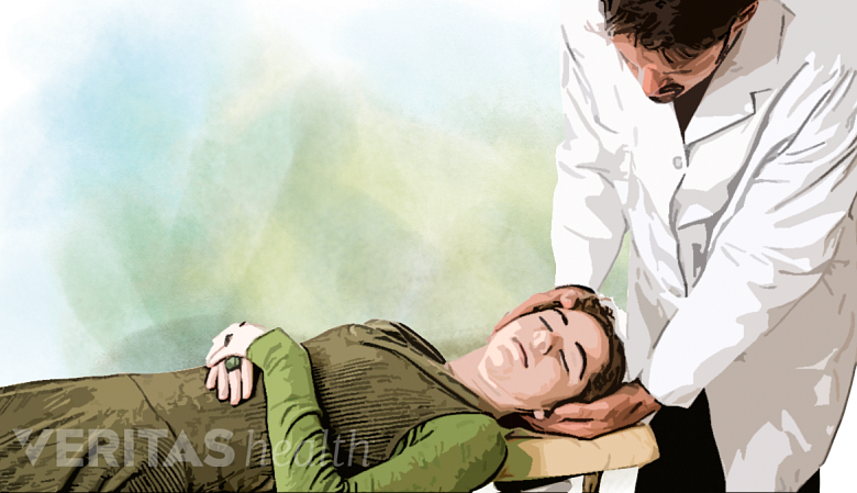 Filtered photo of a chiropractor adjusting a woman&#039;s neck.