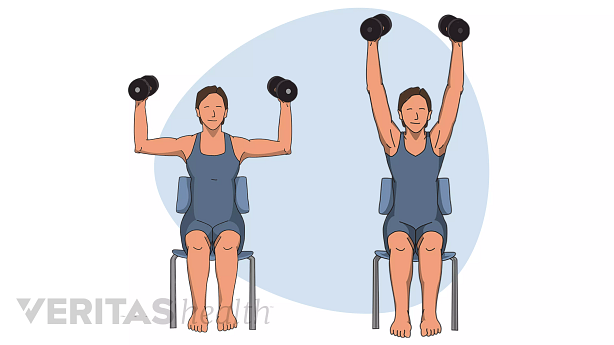 Woman performing the steps of shoulder press exercise