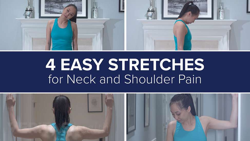 Collage of 4 neck stretches - flexion stretch, lateral flexion stretch, levator scapula stretch, corner stretch
