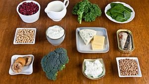 Table of calcium rich foods including milk, cheese, and vegetables.