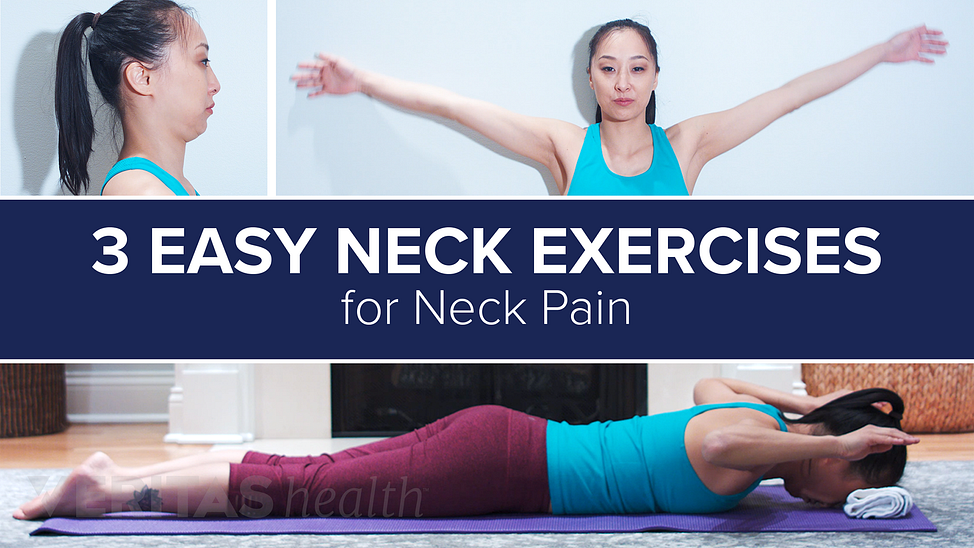 Collage of 3 neck exercises- chin tuck exercise, prone cobra exercise, and back burn exercise