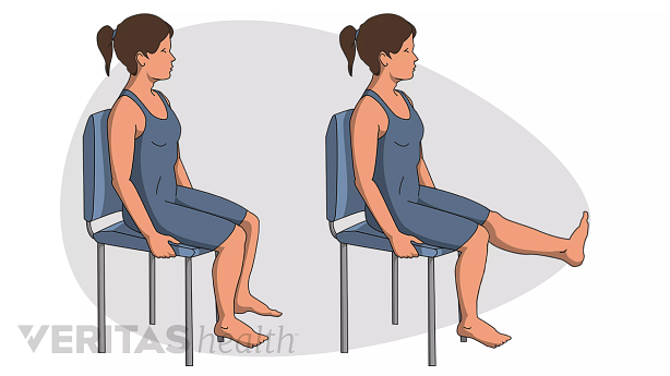 Woman sitting in a chair performing the steps of thigh and high strengthening seated leg raises.