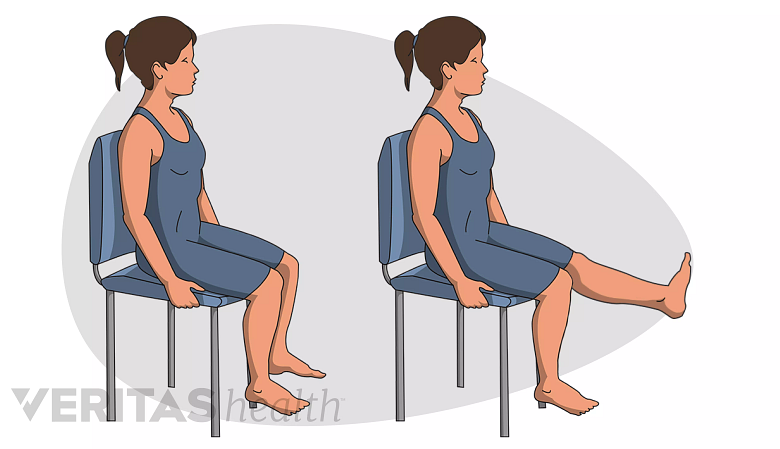 Woman sitting in a chair performing the steps of thigh and high strengthening seated leg raises.