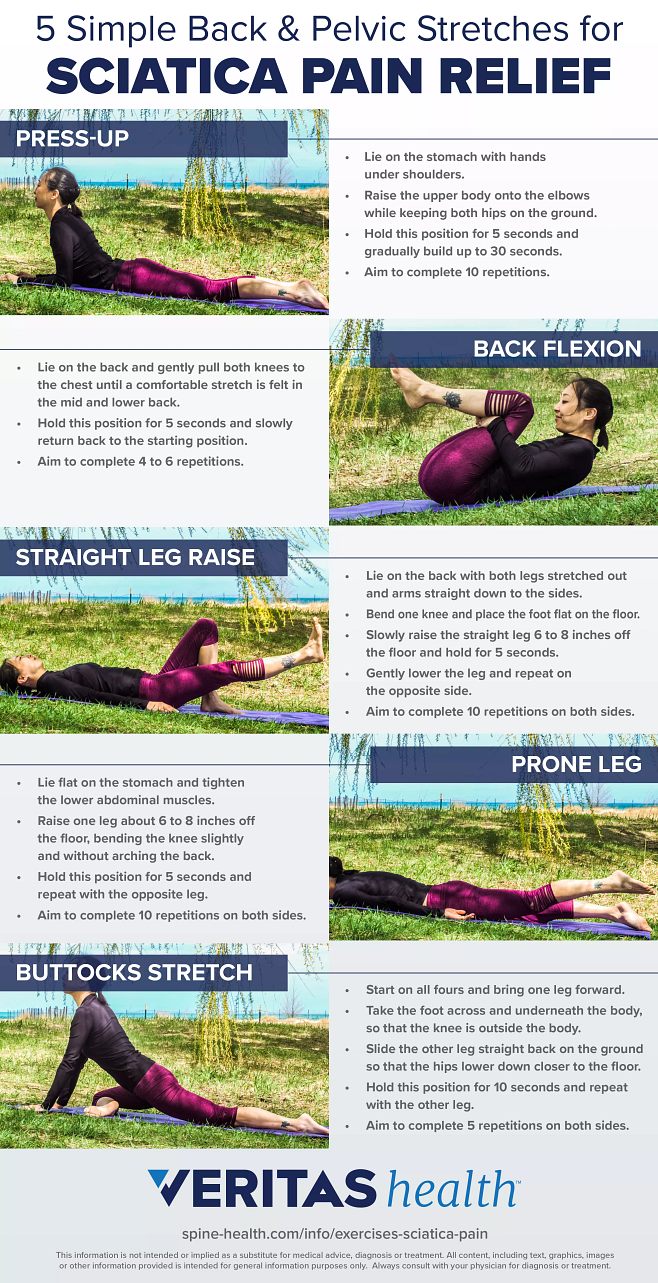 5 Simple Back and Pelvic Stretches for Sciatica Pain Relief Infographic