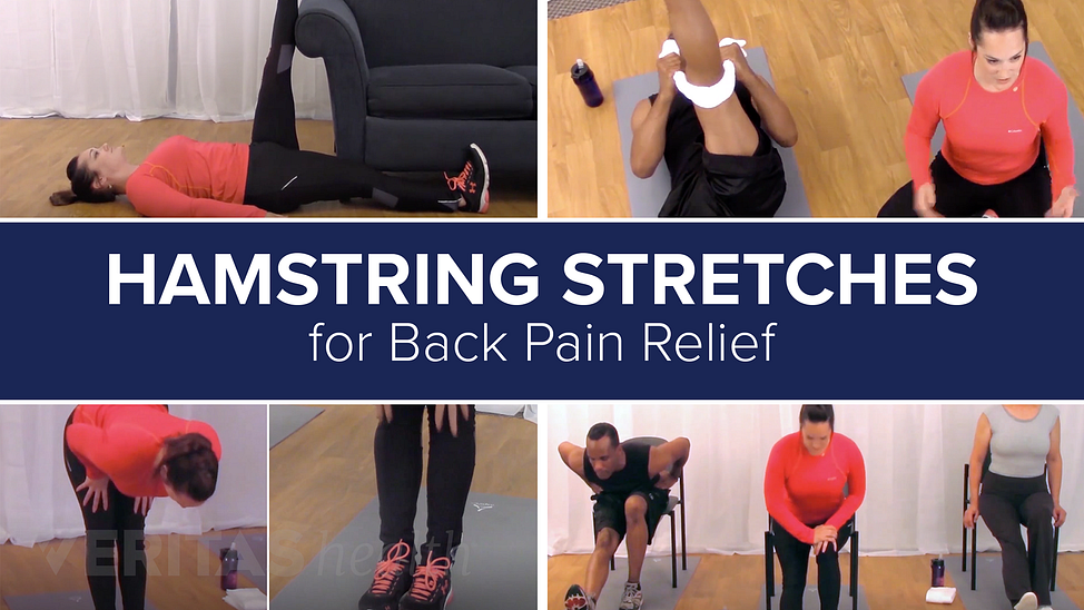 Collage of hamstring stretches for back pain relief