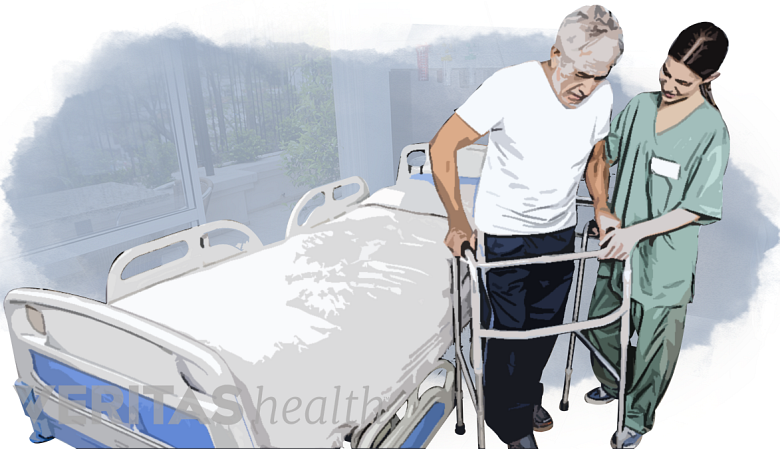 A caretaker helping patient with a walker post surgery.