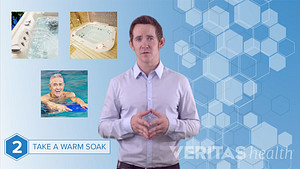 Man with insets of ideas of a warm soak including hot tub, jetted bath, and man in the pool.