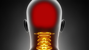 Silhouette of person, the cervical spine is highlighted and the head is highlighted in red, indicating pain.