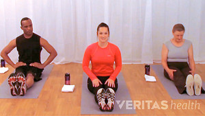 Two women and a man sitting on yoga mats in an exercise studio