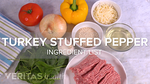 Turkey stuffed pepper ingredient list with peppers, onions, cheese, tomatoes, ground turkey, and spinach.