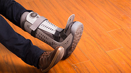 Foot with walking boot to protect the ankle.