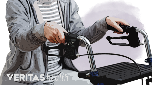 Filtered photo of an elderly woman using a walker.