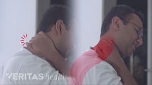 Two profile views of man grabbing his neck in pain.