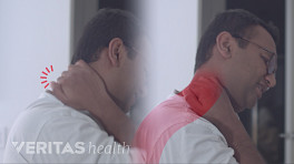 Two profile views of man grabbing his neck in pain.