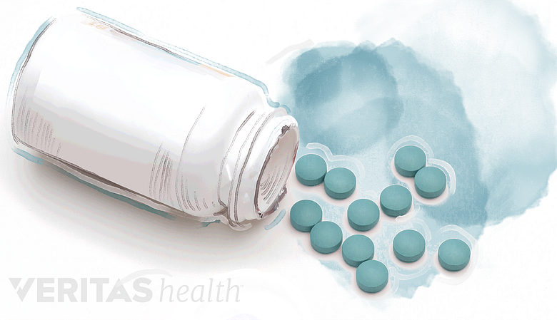 Illustration of pill bottle on its side with blue pills spilling out.