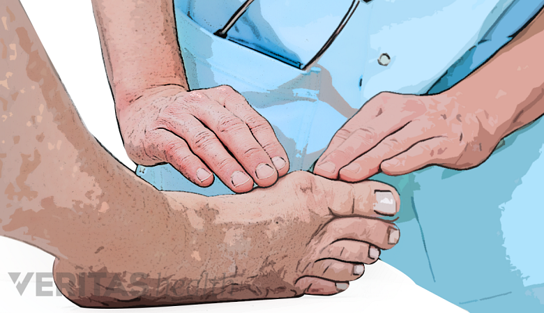 Filtered photo of a physician performing an exam on a patient&#039;s foot.
