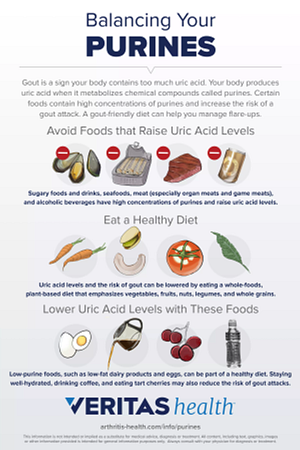 Infographic displaying which foods to avoid, moderate, or enjoy to balance purines.