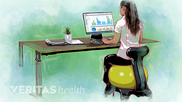 Woman using a exercise ball at a desk