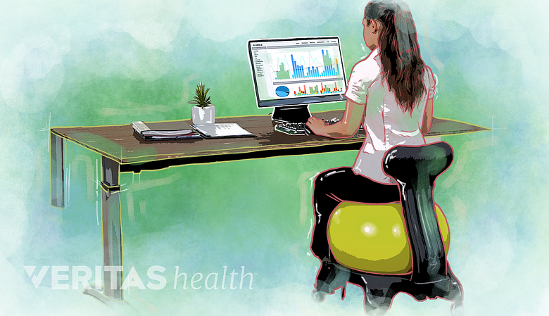 Illustration showing a woman sitting on a exercise  ball.