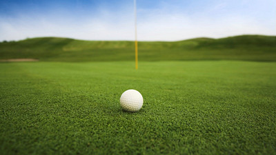 Golf ball sitting on a golf green.