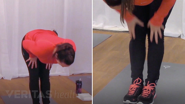 Two views of standing hamstring stretch.
