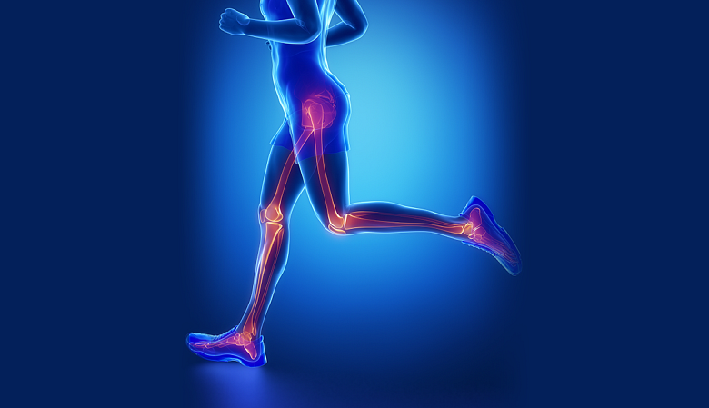A man running, with the lower body&#039;s skeletal system highlighted.