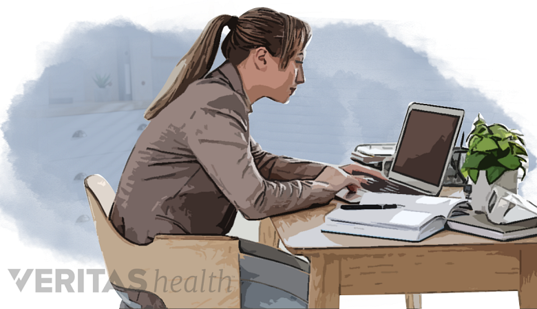 An illustration showing a lady sitting with a bad posture on her desk.