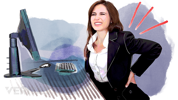 An illustration showing a woman with back pain due to prolonged sitting.