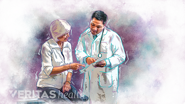 An illustration showing a woman consulting a doctor.