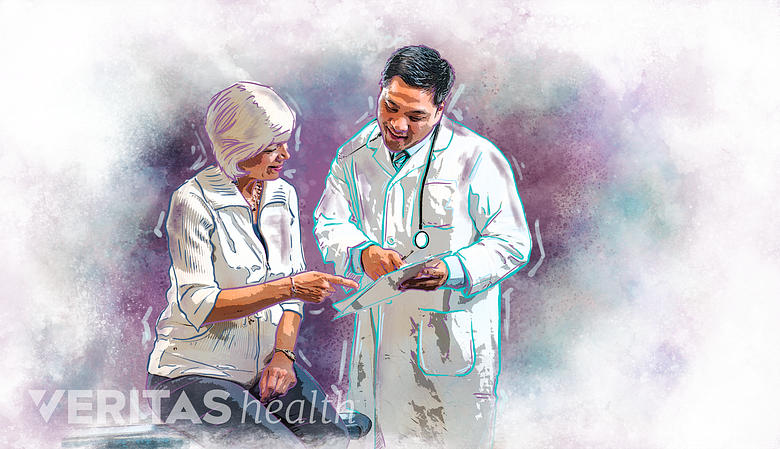 An illustration showing a patient consulting a doctor.