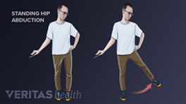 Illustration of a man doing a hip abduction exercise. He is standing, holding on to a chair, and then swinging his leg out laterally with control to the side.